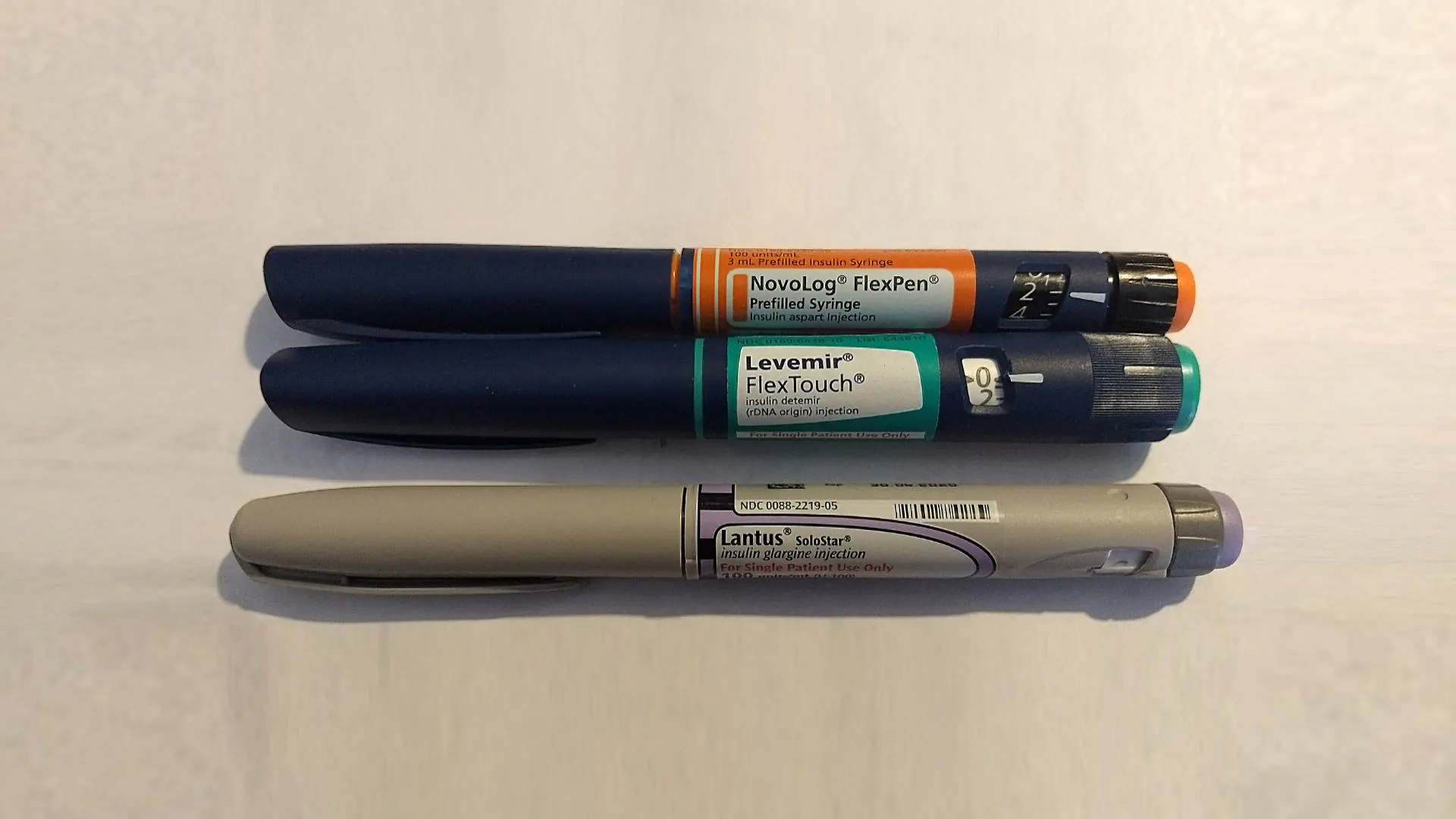 Lantus SoloStar insulin injection pen, NovoLog FlexPen insulin injection pen, and Levemir FlexTouch insulin injection pen